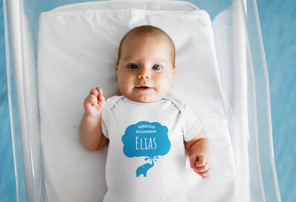 Babykleidung mit Namen Elefant Baby Body Motiv